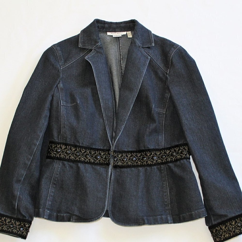 Nine West women denim jacket beaded embroidered black velvet trim Small Career